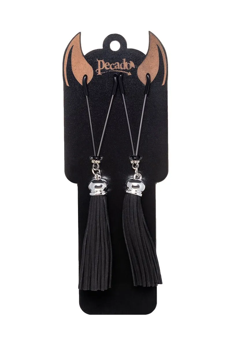 зажимы на соски pecado bdsm, «вилки», с кисточками из замши, металл, черные в СПб