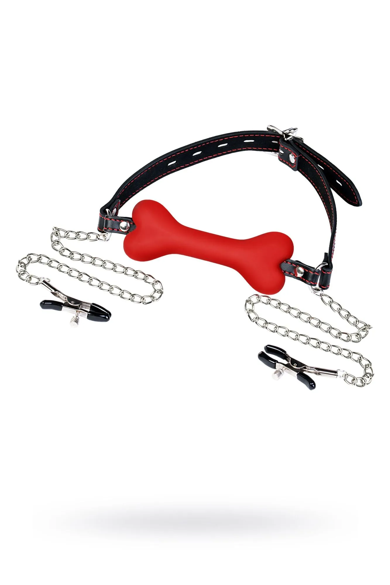 кляп-трензель toyfa theatre, в виде косточки с зажимами для сосков, красный в СПб