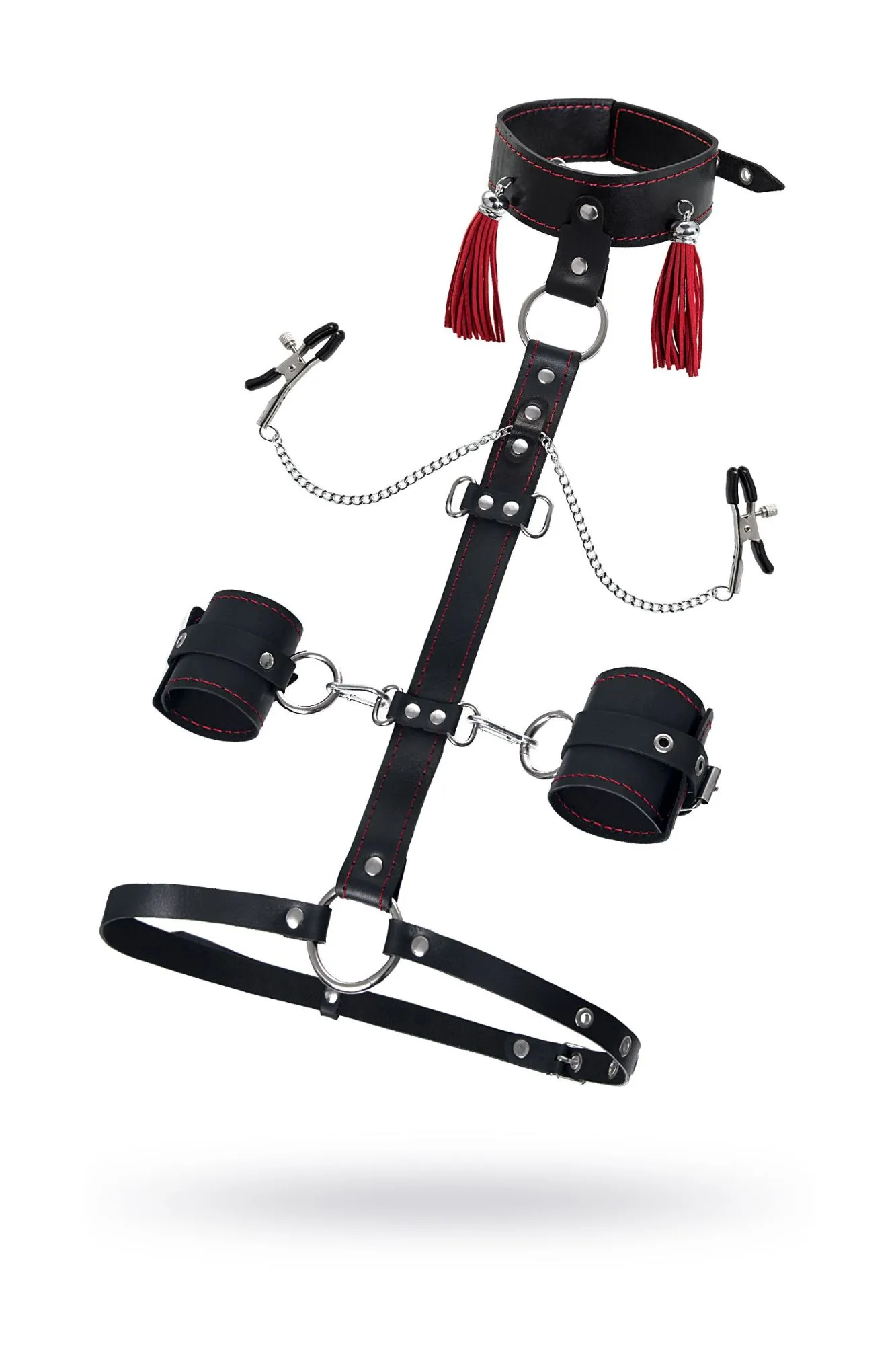 сбруя для фиксации шеи и рук pecado bdsm, с зажимами для сосков, натуральная кожа, черная в СПб