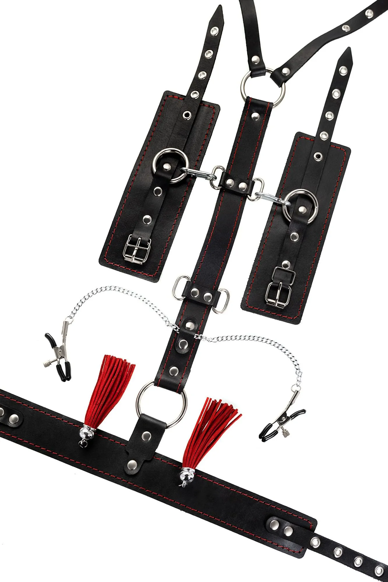 сбруя для фиксации шеи и рук pecado bdsm, с зажимами для сосков, натуральная кожа, черная в СПб