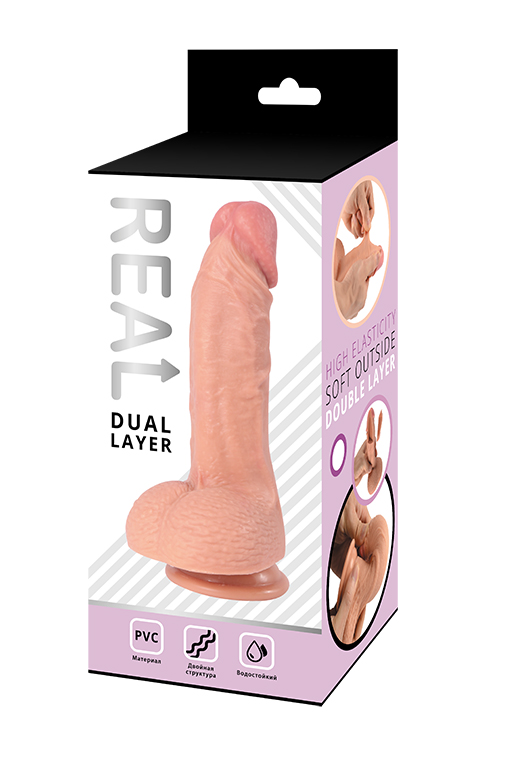 Реалистичный фаллоимитатор REAL Dual Layer с мошонкой на присоске, dual PVC, 15.5 х4,6 см.