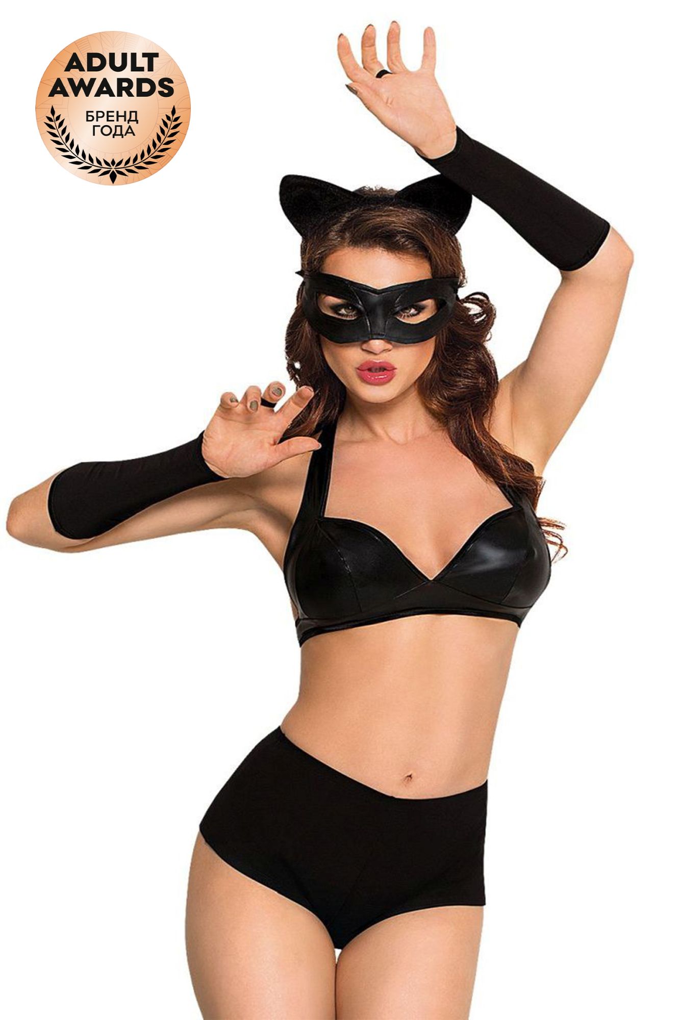 Эротическое костюм softline collection catwoman (бюстгальтер,шортики,головной убор,маска,перчатки), черный, l в СПб